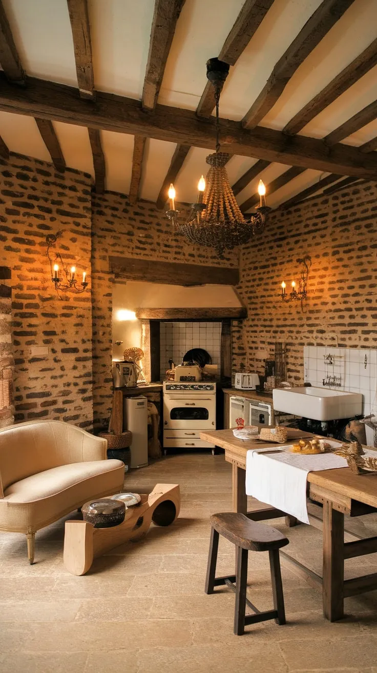 Warm lighting illuminates a charming French country kitchen, its aged brick and wooden details creating an inviting atmosphere