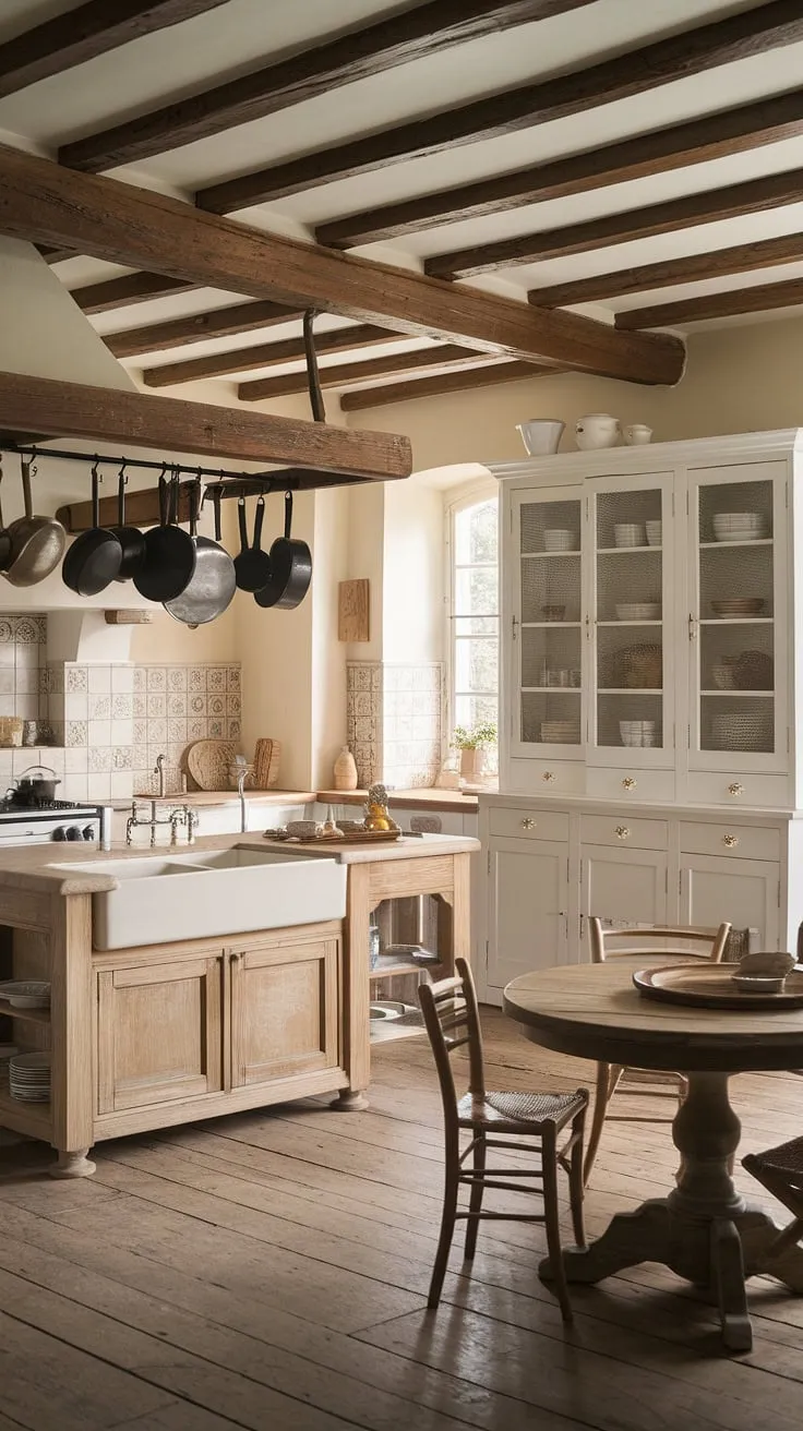 Elegant beige and white hues define this charming French country kitchen, complete with wooden beams, a large island, and decorative tile.