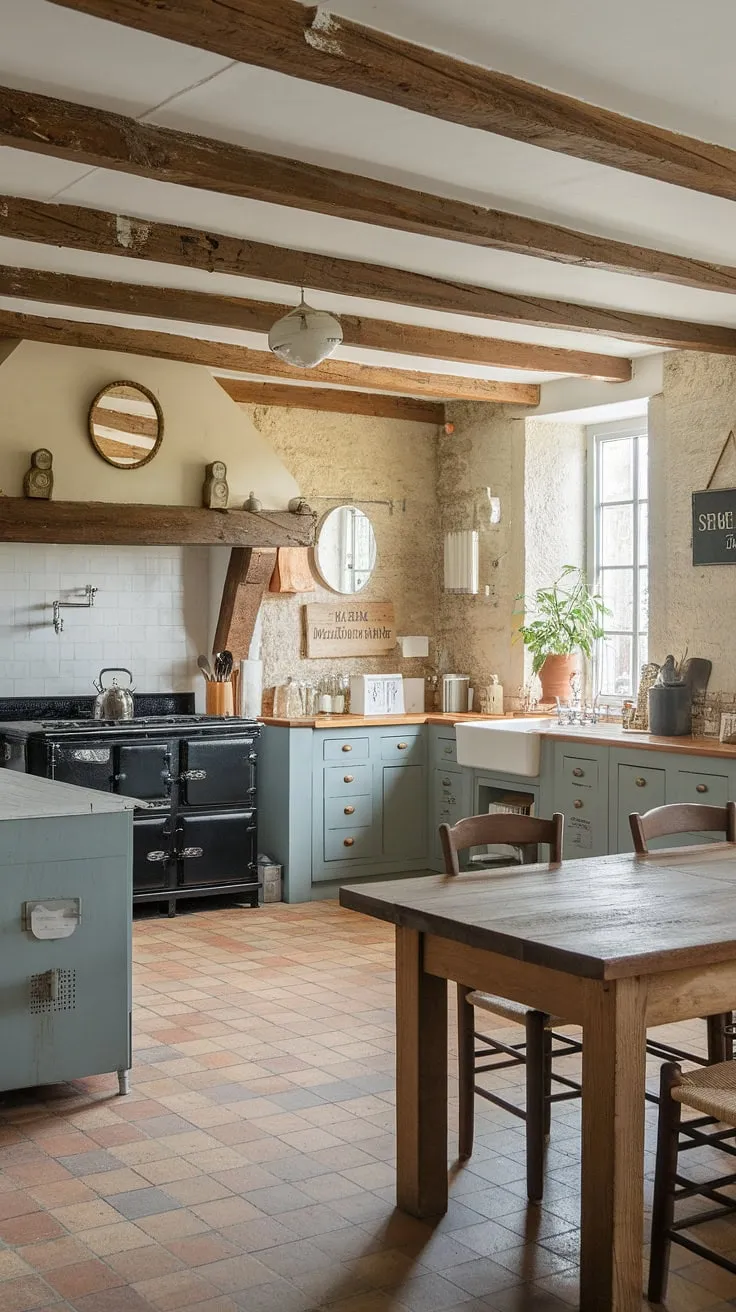 This renovated French country kitchen exudes warmth with its wooden features, stone walls, and charming décor.