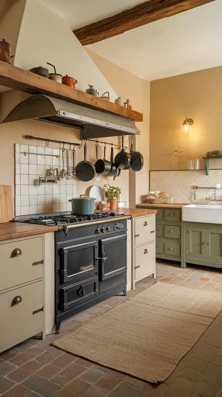 A vintage stove and wooden accents create a cozy atmosphere in this French country kitchen.