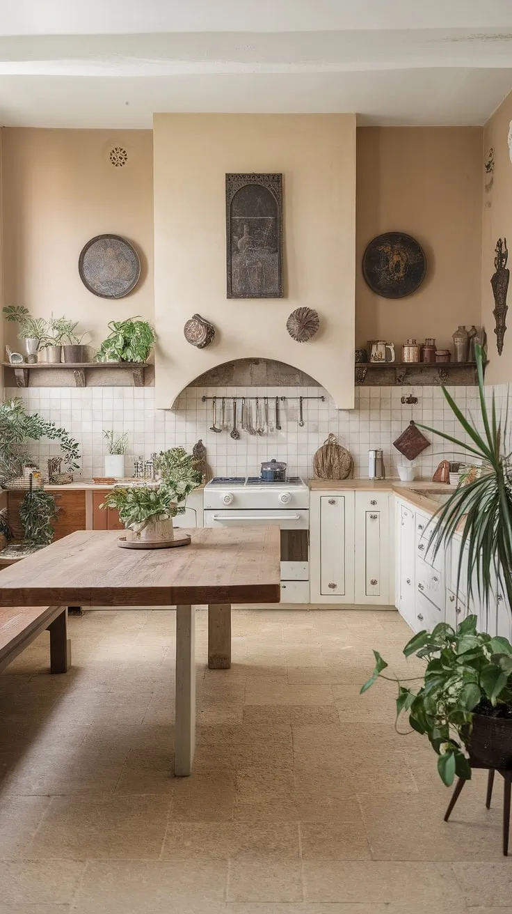 Elegant beige and white hues define this French country kitchen, highlighted by a large wooden table and abundant greenery.