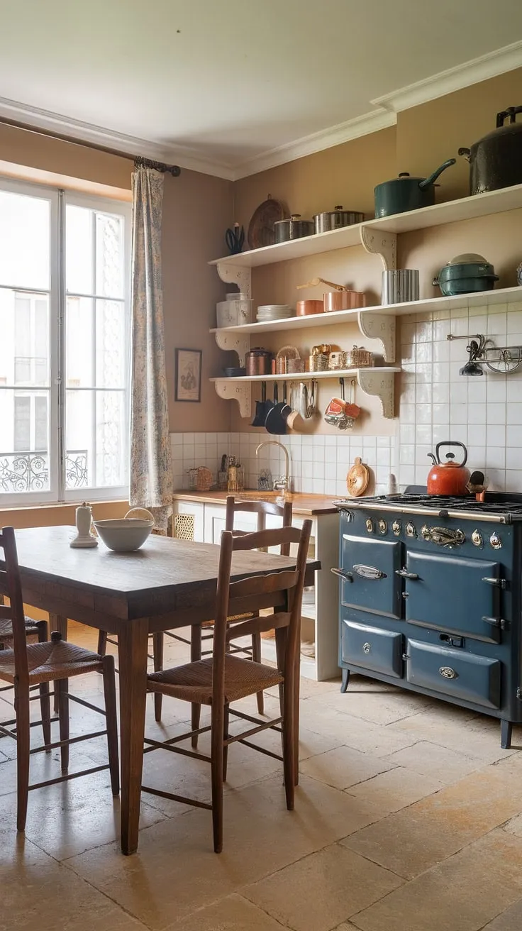 Rustic charm meets modern function in this renovated French country kitchen, showcasing a vintage stove and ample storage amidst warm beige tones.