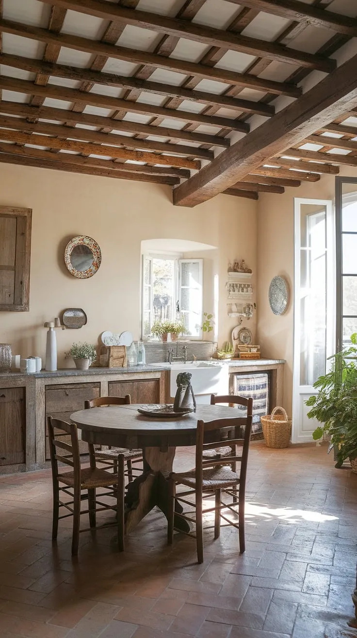 A sunlit French kitchen evokes warmth and charm with its wooden details, stone surfaces, and inviting atmosphere.