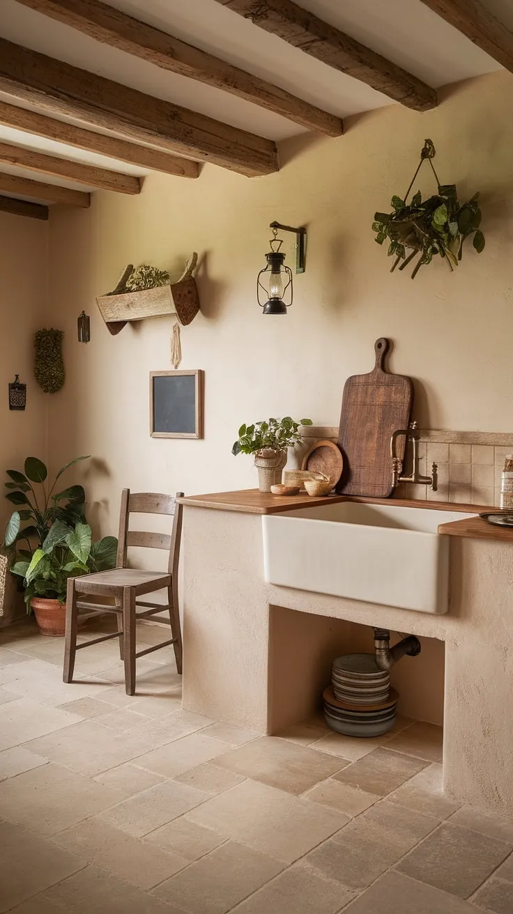 Warm lighting enhances the charming French country kitchen's aged wooden beams and vintage details