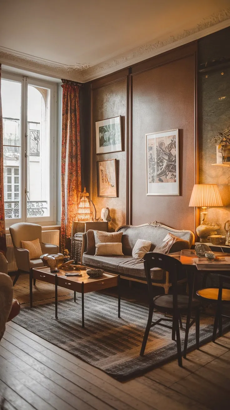 A cozy French-style apartment boasts a vintage feel, blending modern design with artistic flair in a warmly lit space