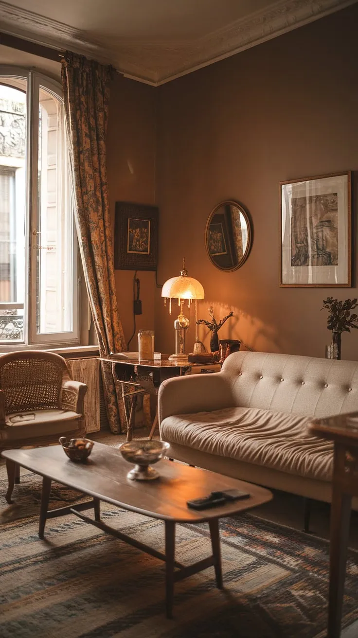 Warm lighting and a blend of vintage and modern furniture create a cozy French-style living room atmosphere