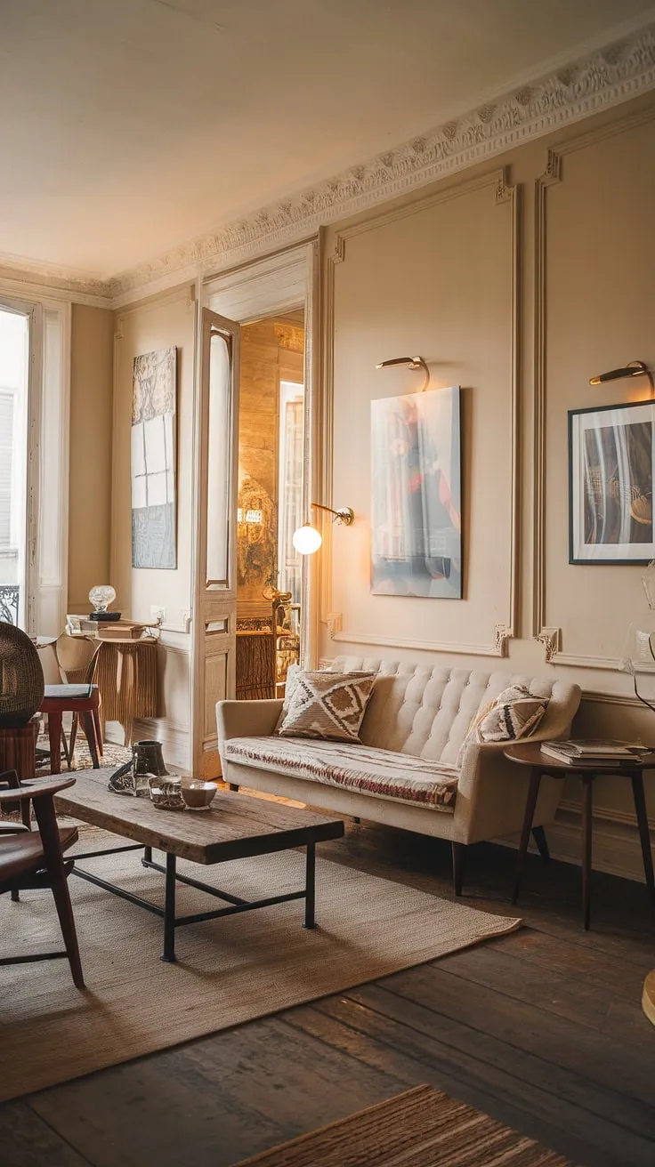 A warm, soft-lit French living room blends vintage charm with modern accents in a cozy European apartment.