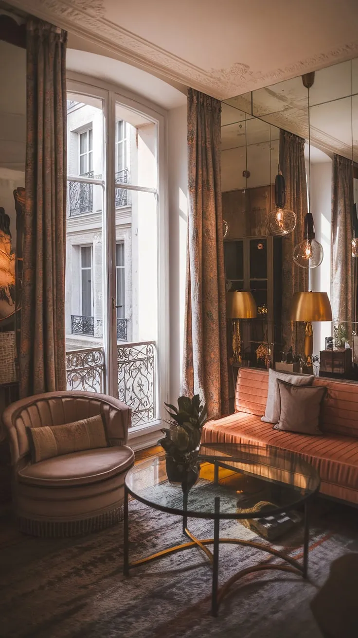 Warm light bathes a Parisian-view French living room, blending vintage charm with modern comfort in a historically styled apartment.