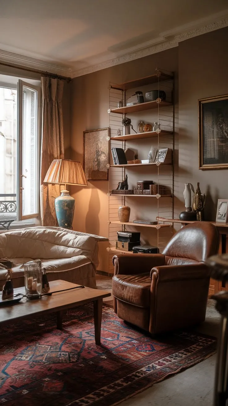 A beige sofa, leather chair, and Persian rug define the elegant, historical charm of a European apartment's living room.
