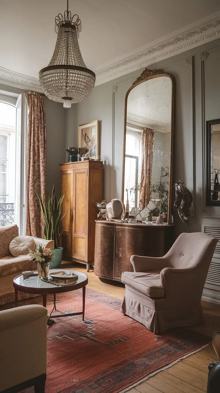A historical European apartment's cozy living room evokes Parisian elegance through its vintage decor and soft gray palette.