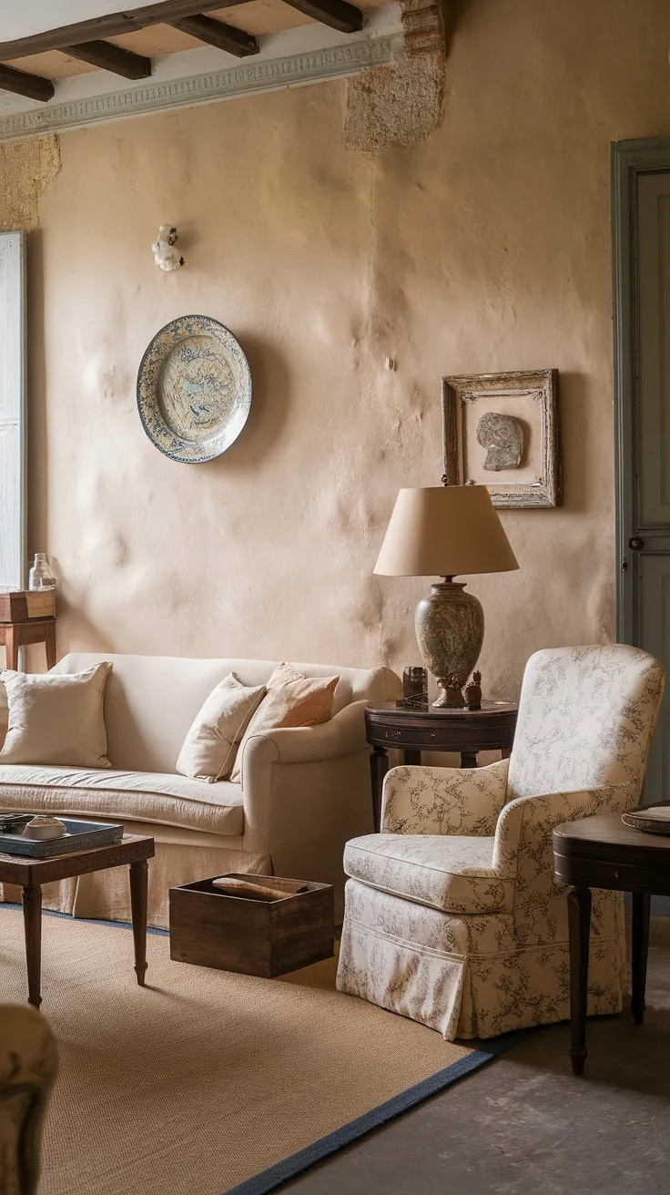 Elegant French-inspired decor transforms a historic home's living room into a haven of calm