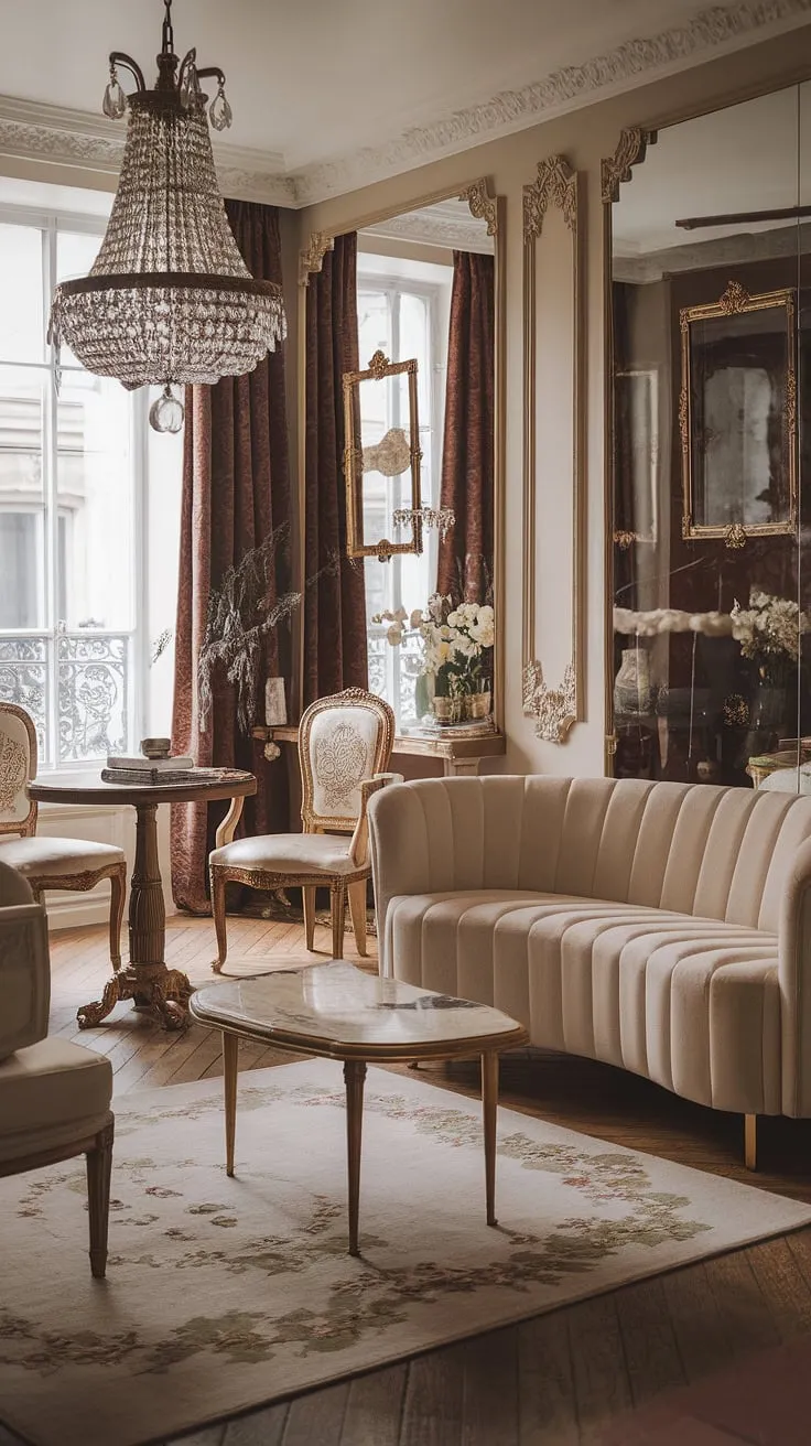 A charming French apartment living room exudes vintage elegance through a blend of European and Parisian styles, highlighted by gold accents and intricate carvings.