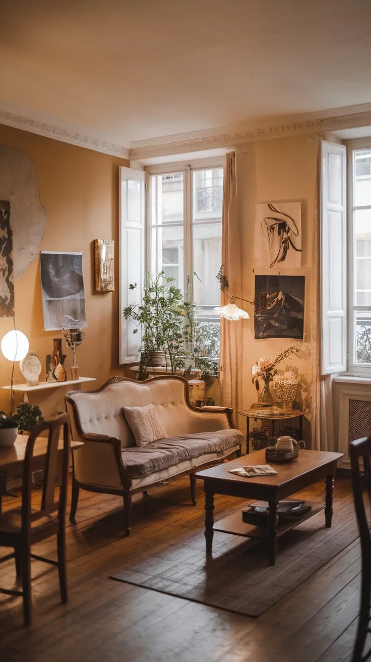 Warm light and vintage charm fill a French-style living room, its wooden floors and art-adorned walls creating a cozy European haven.
