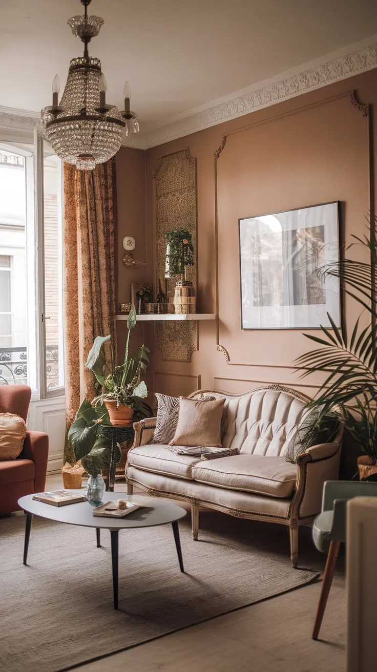 A Parisian apartment's cozy living room blends vintage charm with modern touches, creating a uniquely French atmosphere.