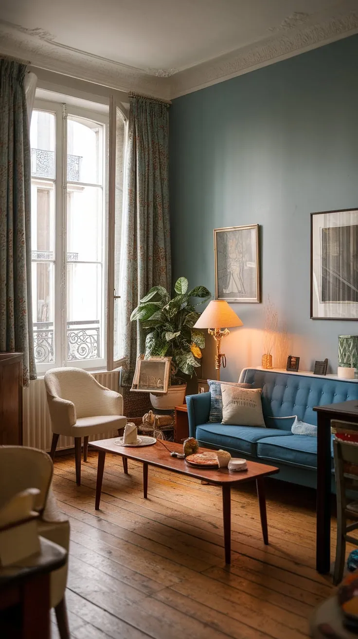 European charm fills a softly lit apartment living room with vintage and modern furniture, creating a cozy atmosphere
