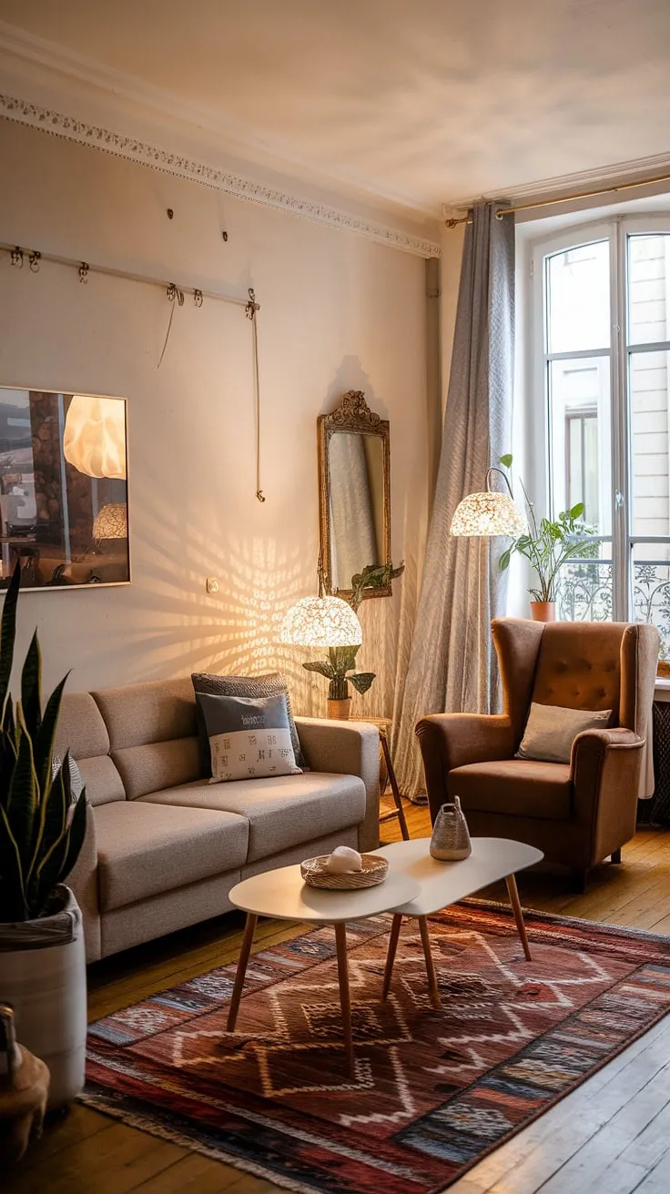 Elegant European charm fills a cozy living room, showcasing French style and inviting warmth.