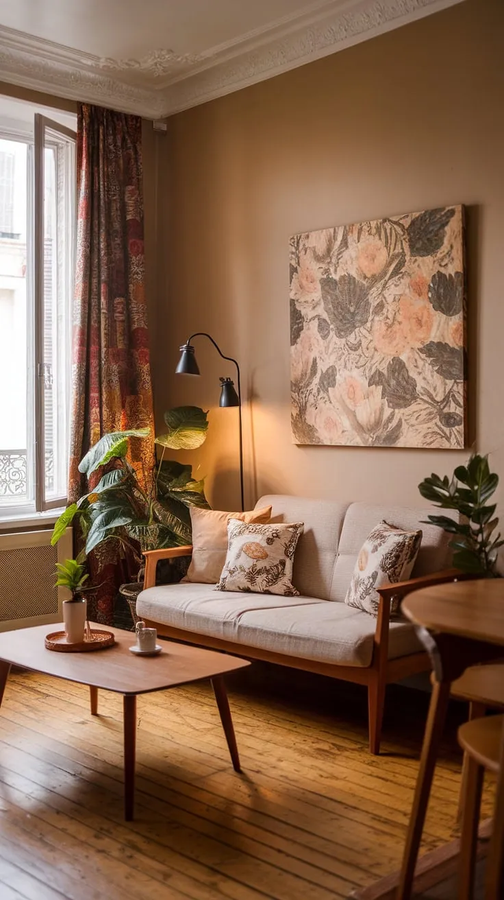 Warm lighting and beige tones create a cozy, elegant French-style living room in a European apartment.