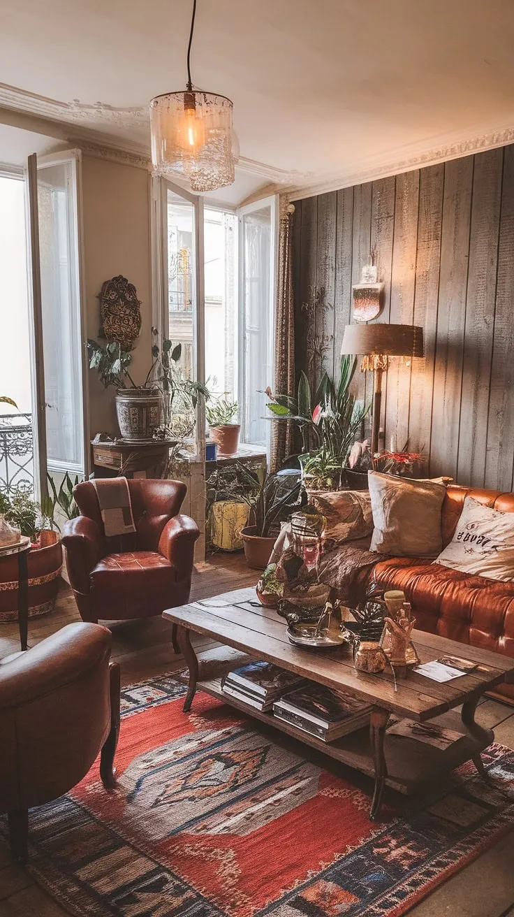 A vintage rug, leather chair, and Parisian-style lighting accentuate the cozy French-style living room in this historic European apartment.