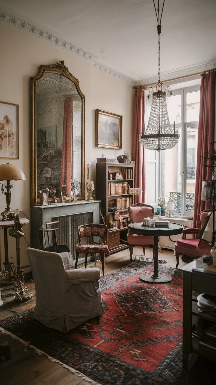 Antique furniture, a grand mirror, and a chandelier illuminate a cozy French living room with high ceilings, creating an elegant European atmosphere.