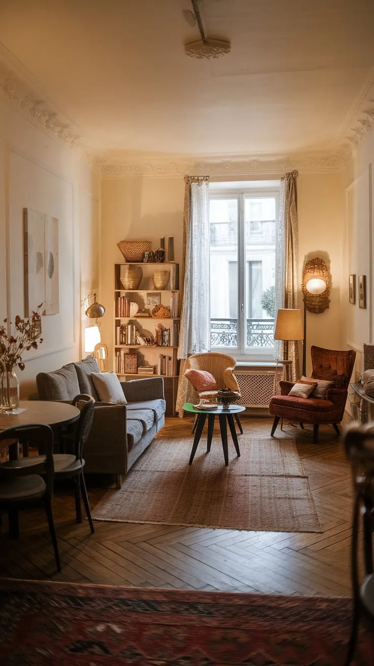 Elegant European charm fills a cozy apartment living room.