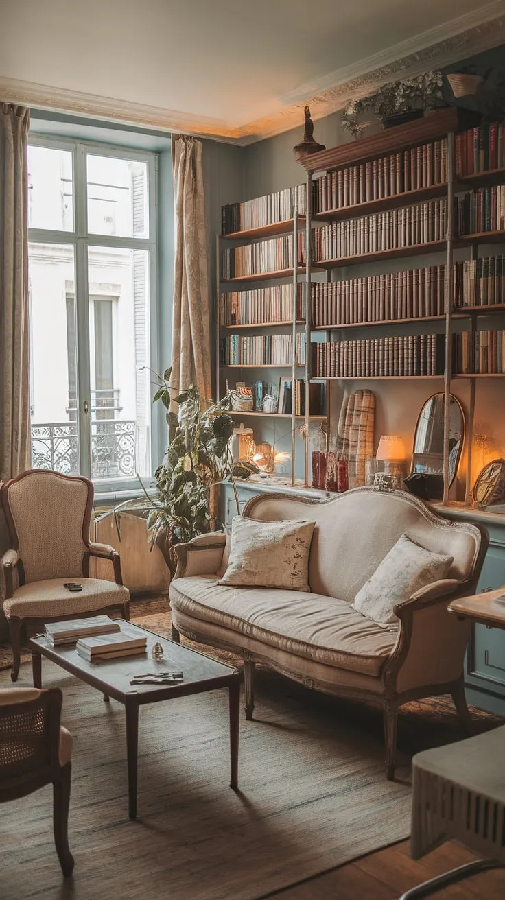 A soft blue-walled Parisian apartment exudes warmth with vintage furniture and a comforting book-filled atmosphere