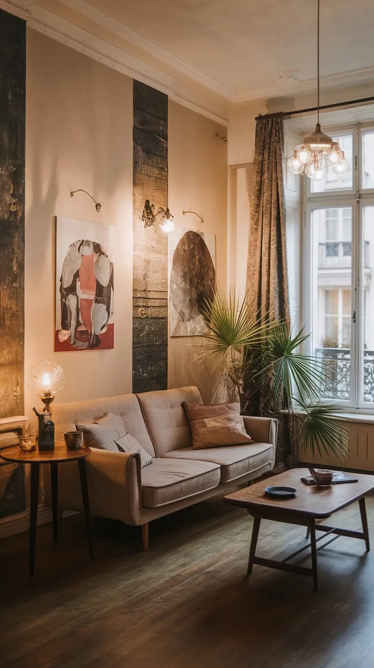 Warm lighting and vintage charm create a cozy European living room with modern accents