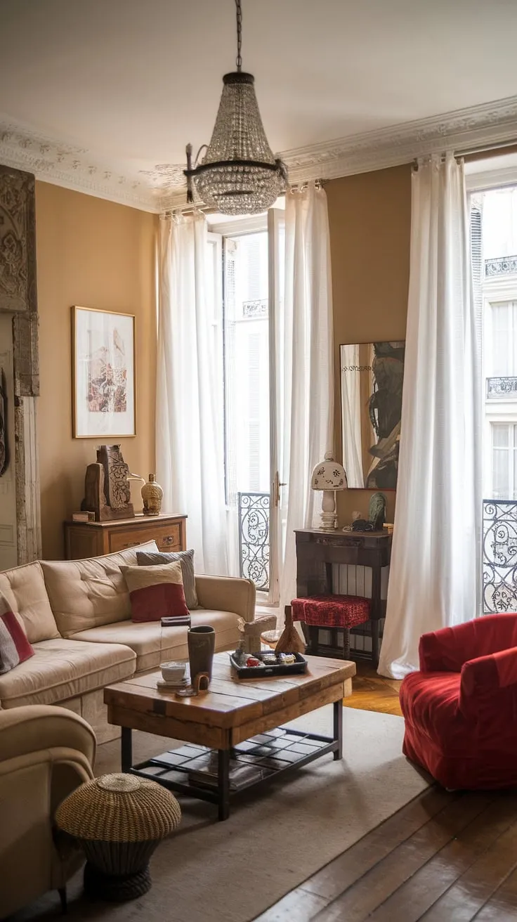 Elegant beige and wood tones define this charming French living room, blending modern and traditional styles