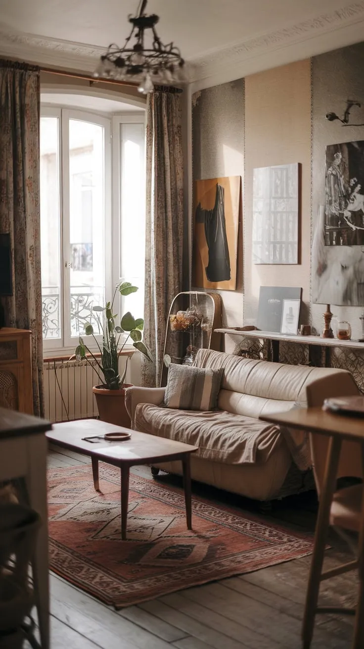 Rustic charm meets modern comfort in this cozy French living room, a blend of vintage and contemporary style creating a warm and inviting atmosphere.