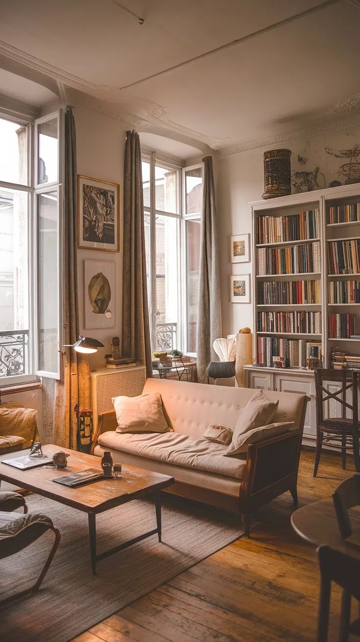 Elegant European apartment living exudes warmth through vintage and modern furniture blends