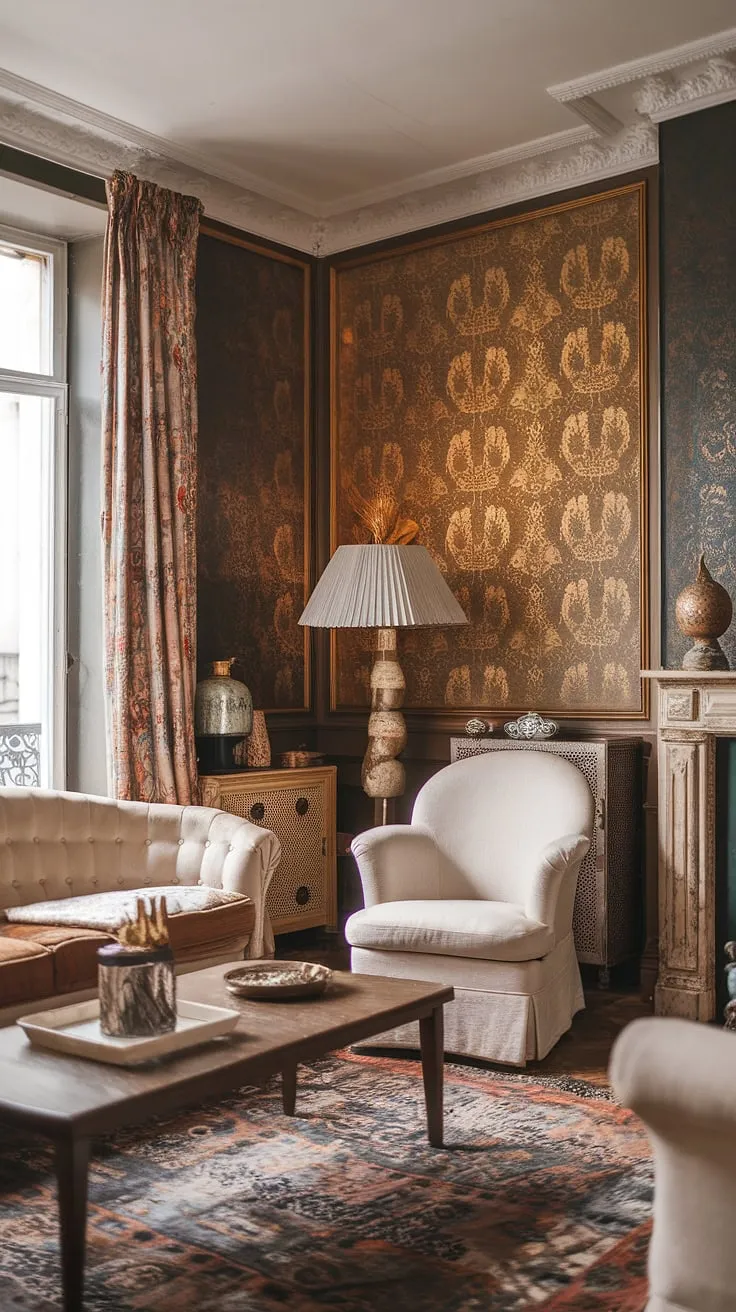 Soft lighting illuminates a cozy French living room, its vintage charm enhanced by gold-accented walls and eclectic furnishings.