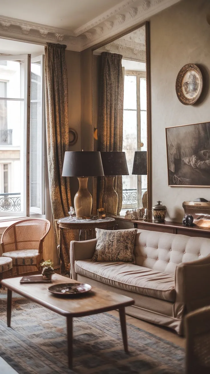 Elegant European charm fills a vintage-inspired living room, blending modern and traditional styles for a cozy atmosphere.