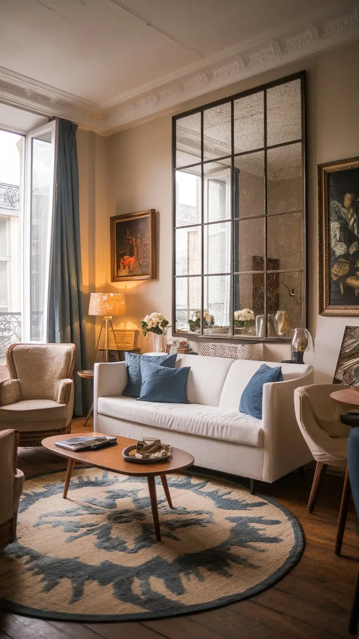 Warm lighting and a tasteful blend of vintage and modern furniture create a cozy French living room in a European apartment.
