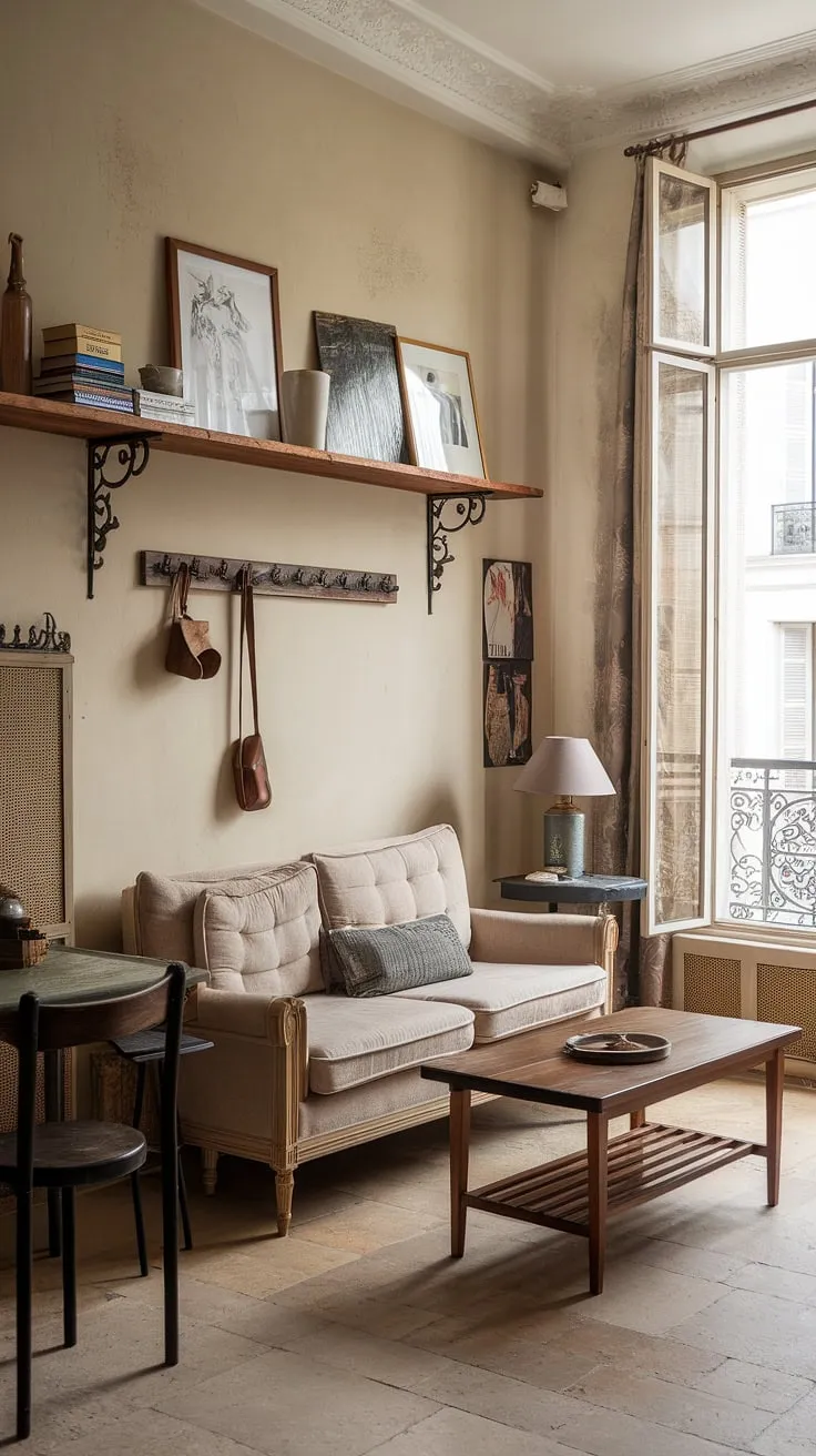 Rustic charm meets modern comfort in this beige-toned French living room, a cozy haven of vintage style and simple elegance.