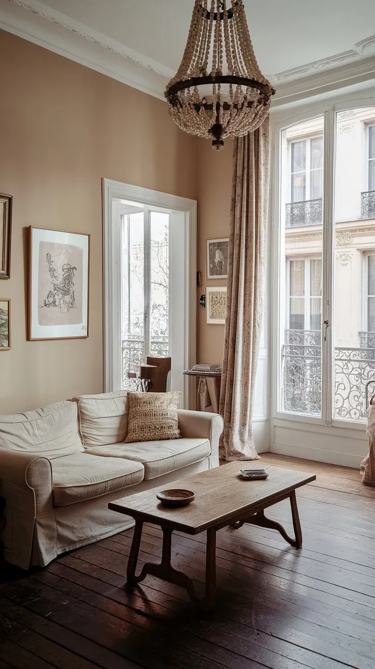 Elegant Parisian apartment living is captured in a cozy French-style room with a view.