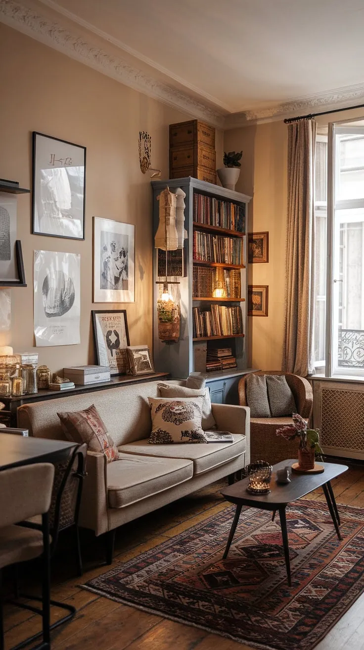A European apartment's French-style living room exudes vintage charm with its warm lighting and eclectic mix of furniture.