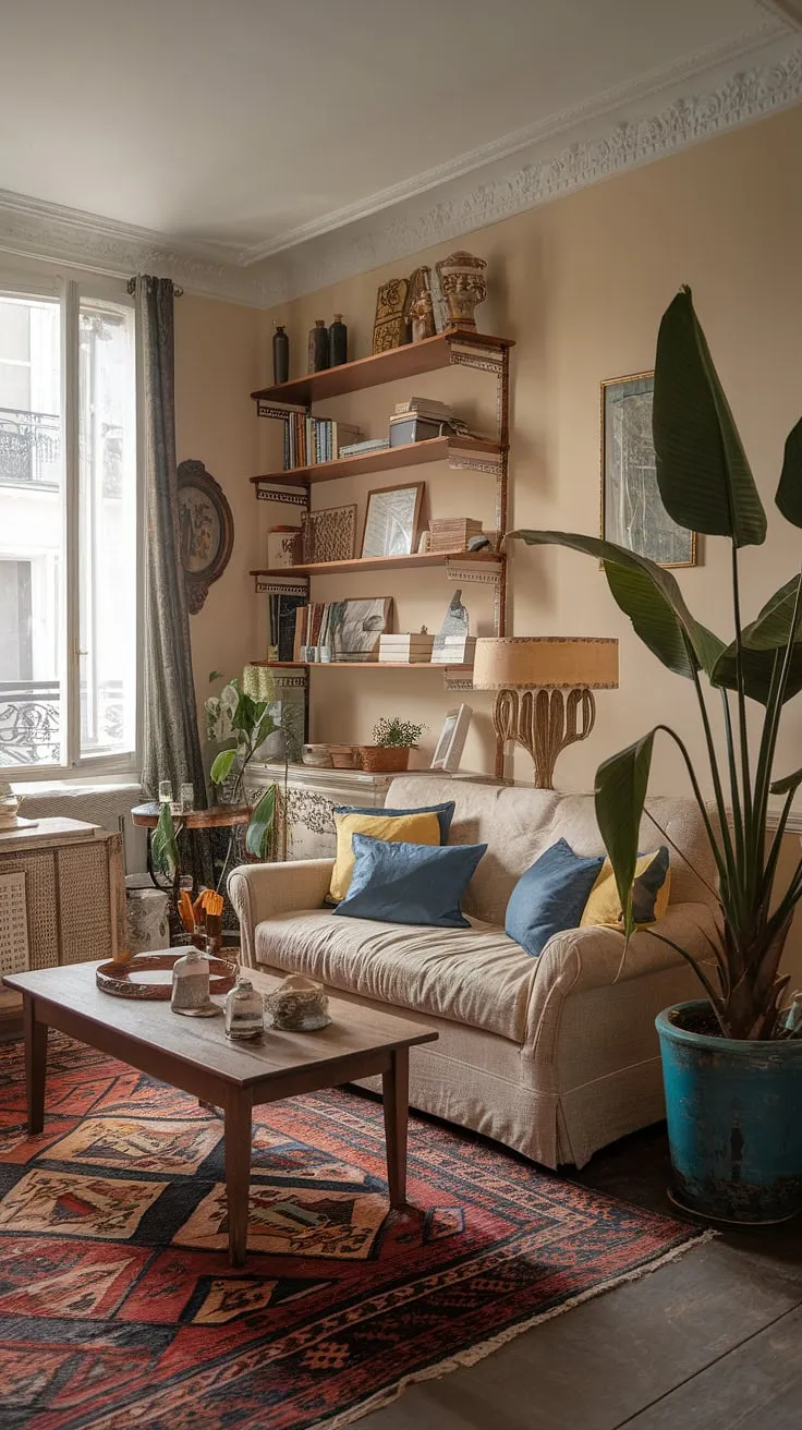 Soft lighting enhances the cozy French-style apartment's charming living room, featuring a beige sofa and eclectic décor