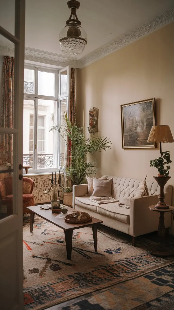 A Parisian-style living room in a historic European apartment exudes cozy charm with its beige sofa, wooden accents, and vintage details.