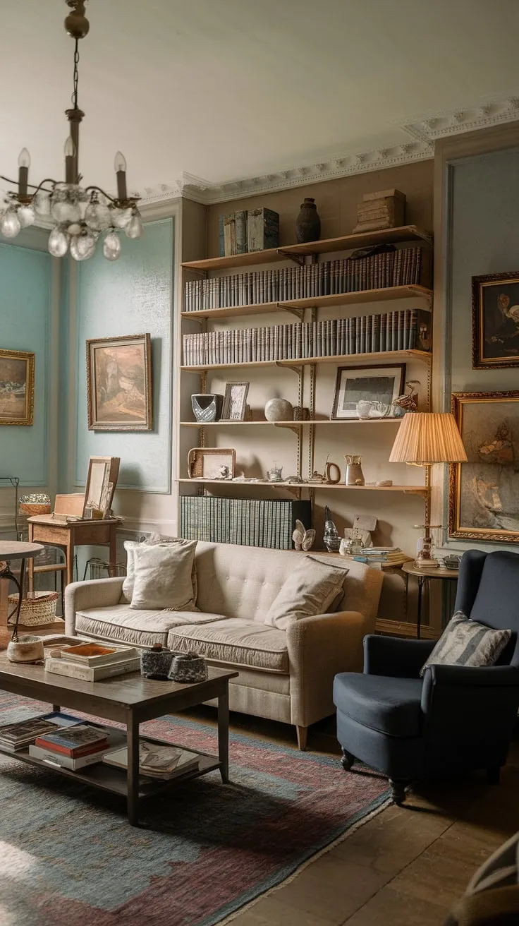 Elegant European apartment living, perfectly captured in a vintage French-style photo featuring a beige sofa and dark blue armchair.