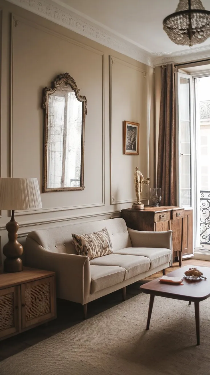 A Parisian apartment's cozy interior showcases a sophisticated mix of antique and contemporary furniture.