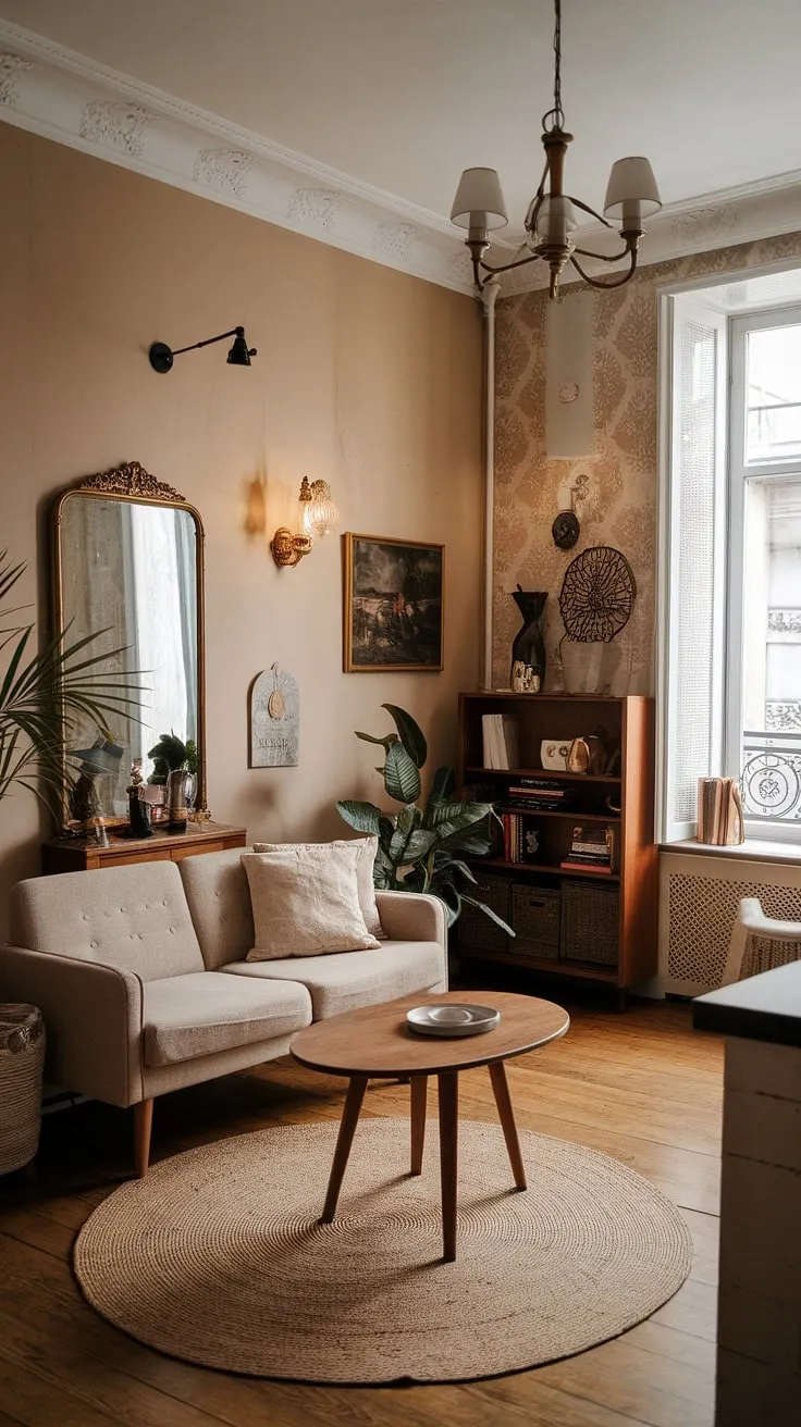 A beige and hardwood French-style living room exudes cozy vintage charm with a blend of modern and traditional furnishings.