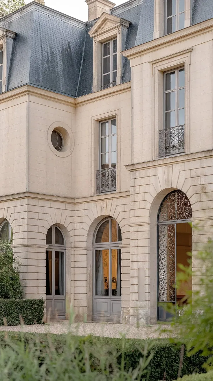 A majestic stone chateau, complete with arched windows and a grand entrance, is captured in a stunning photograph.