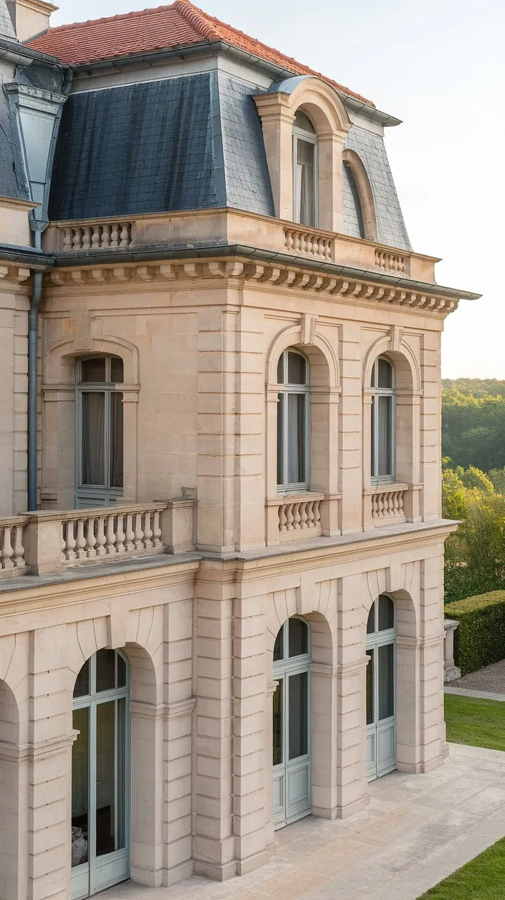 A majestic French stone mansion, crowned with red tiles, commands a lush green landscape.