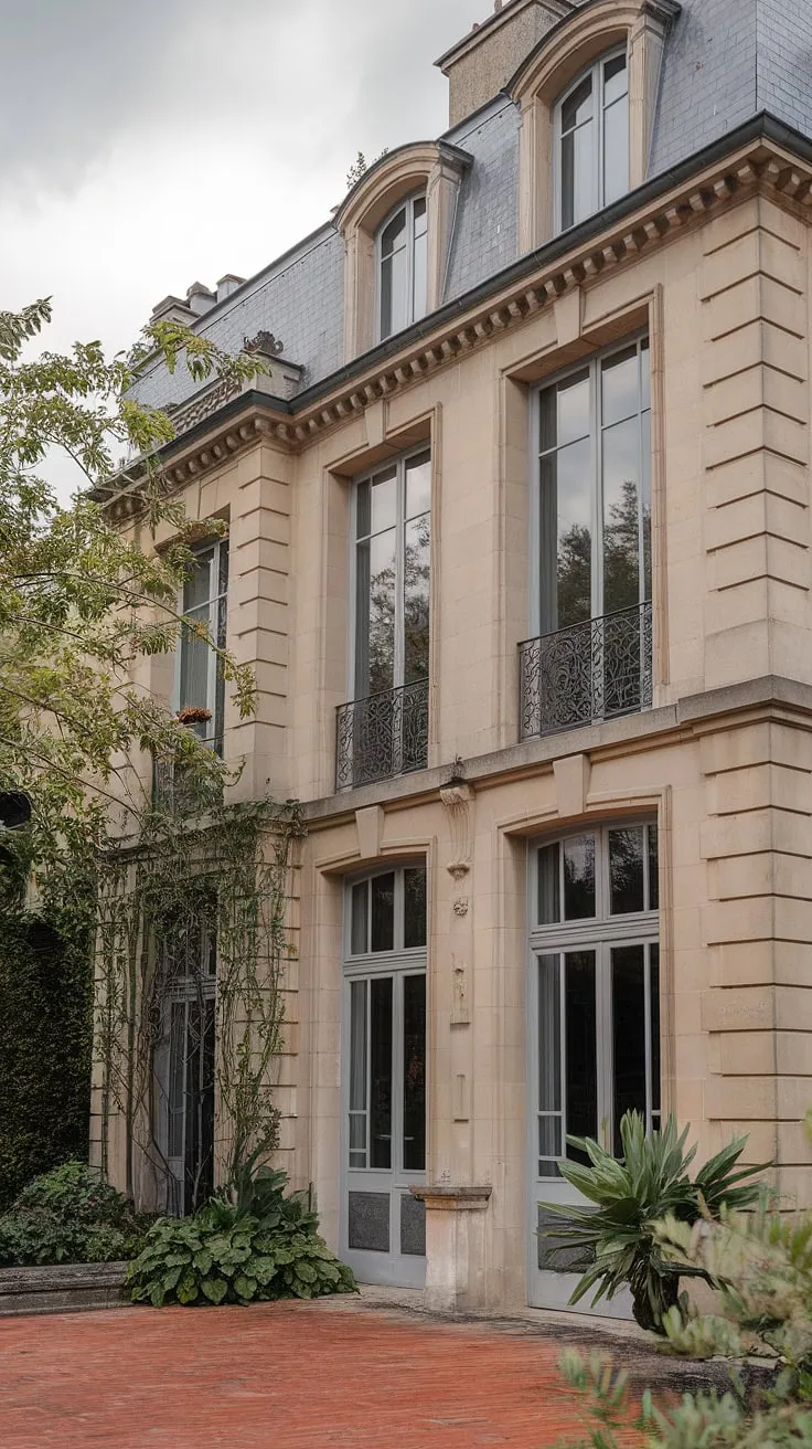 Elegant French architecture, stone and ironwork grace a multi-story mansion nestled in verdant grounds