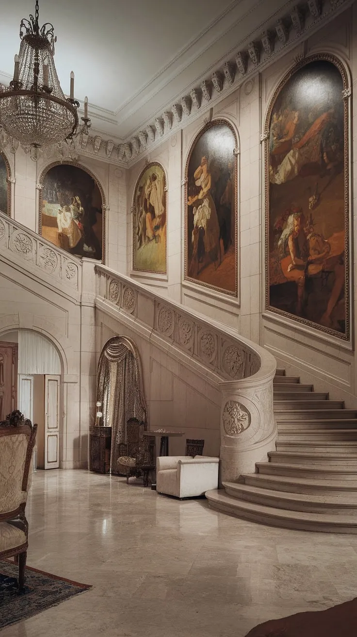 Opulent elegance reigns in a French mansion's grand interior, showcasing intricate carvings, vintage art, and a majestic marble staircase.