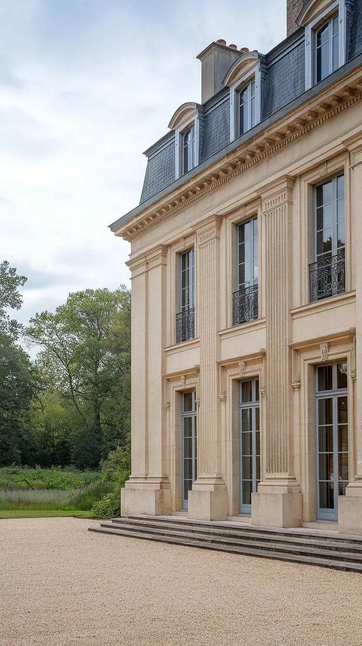 A grand French mansion, its classic facade gleaming amidst tranquil greenery, stands as a testament to timeless elegance.