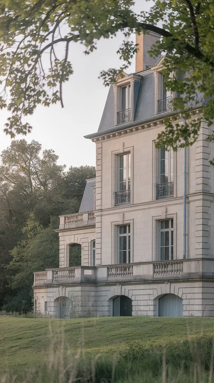 A serene stone chateau showcases classic French design in a lush setting