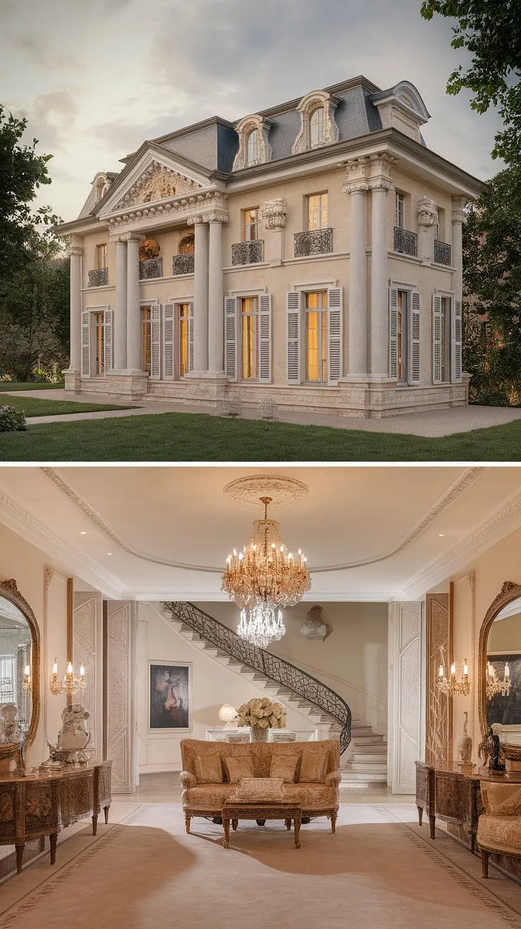 A beige and white French chateau showcases lavish interiors and lush gardens.