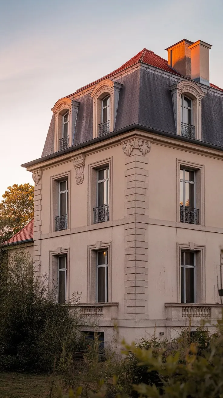 Golden hour sunlight bathes a classic French mansion in warm elegance