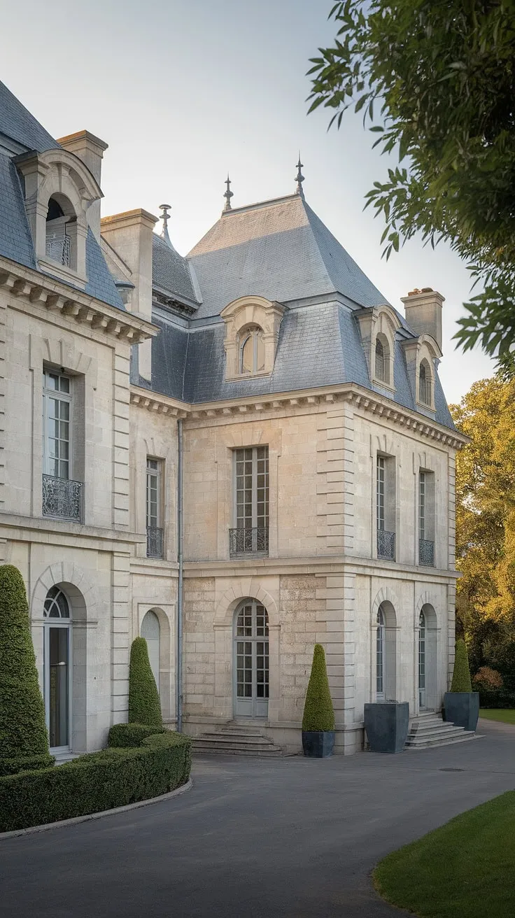 A grand stone chateau stands majestically amidst verdant landscaping.