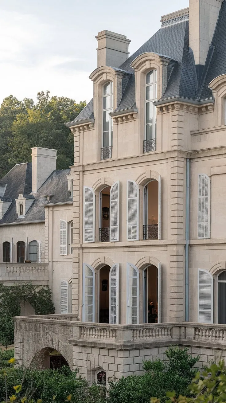 A majestic French chateau-style mansion, crafted from stone and surrounded by lush greenery, stands proudly among similar luxury homes.